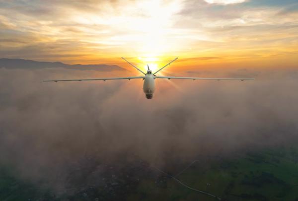 Undefined military drone in sky