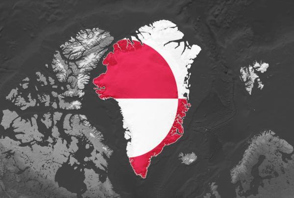 Greenland flag on black and white map