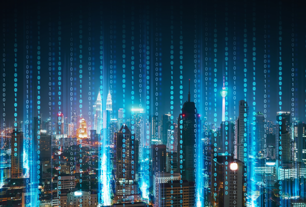 Data across a nighttime city scape