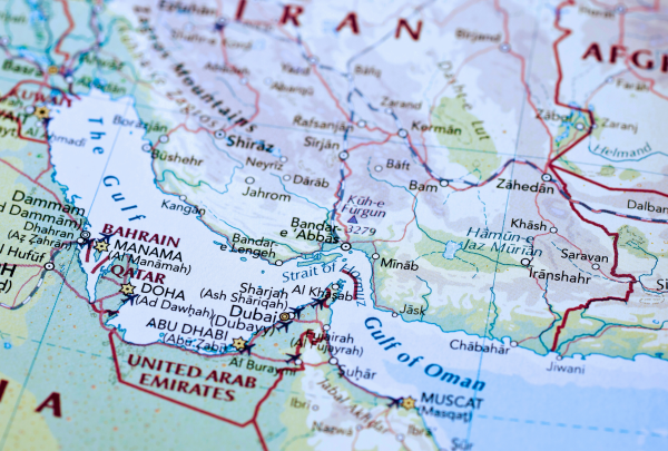 Map of Middle East focused on the Strait of Hormuz